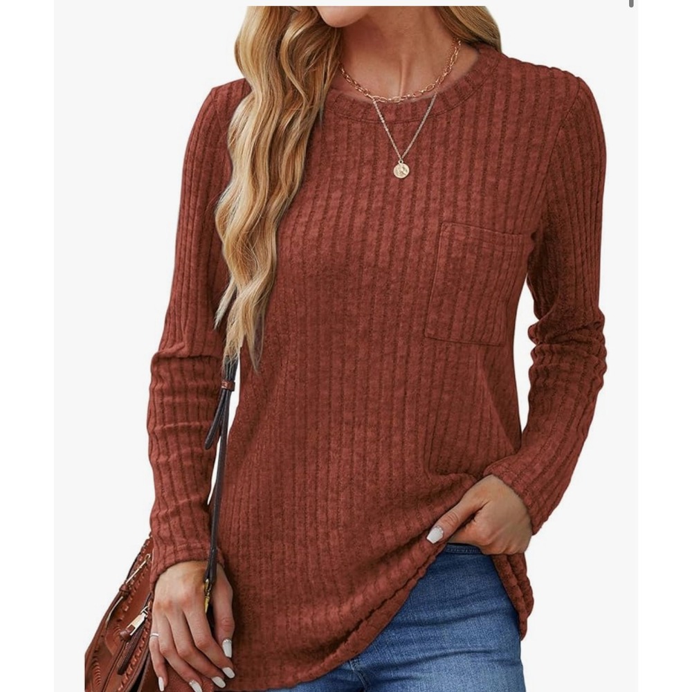 Unbranded Rust Orange Ribbed Knit Long Sleeve Pocket Tee Shirt Womens Size M NEW